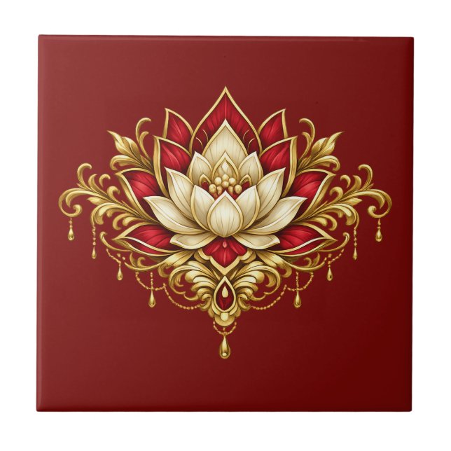 Carreau Fleur de lotus murale florale bordeaux or (Devant)