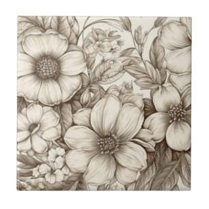 Carreau Fleur de Maison Neutre Sépia Crème Botanique