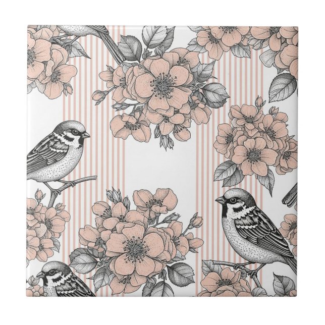 Carreau Fleur de Oiseau Vintage Toile Rayure (1) (Devant)