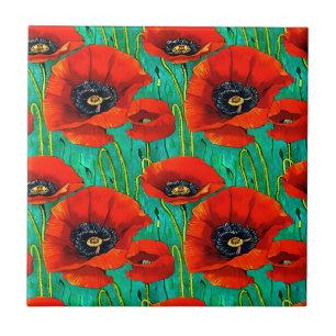 Carreau Fleur de pavot sans couture motif rouge vert flora