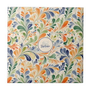 Carreau Fleur de Paysage Vintage Orange Bleu Vert