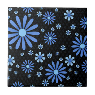 Carreau Fleur de pouvoir bleu et noir rétro floral