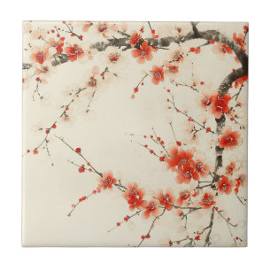 Carreau Fleur de prunier rouge aquarelle - Art floral orie