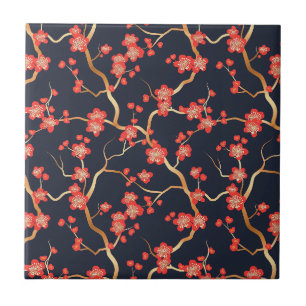 Carreau Fleur de prunier rouge bronze doré marine florale