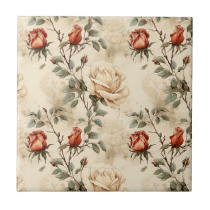 Carreau Fleur de rose vintage élégante beige floral sans c