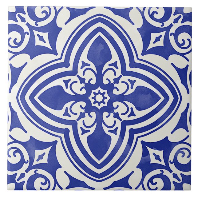 Carreau Fleur Décorative Bleu Rustique Blanc (Devant)