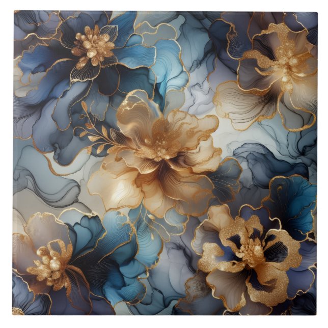 Carreau Fleur d'encre alcoolique bleu royal et or (Devant)