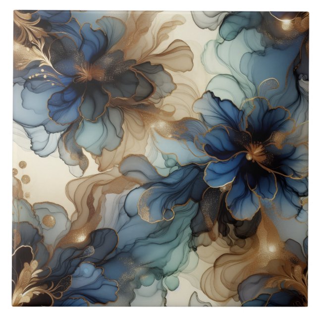 Carreau Fleur d'encre alcoolique bleue royale et or (Devant)