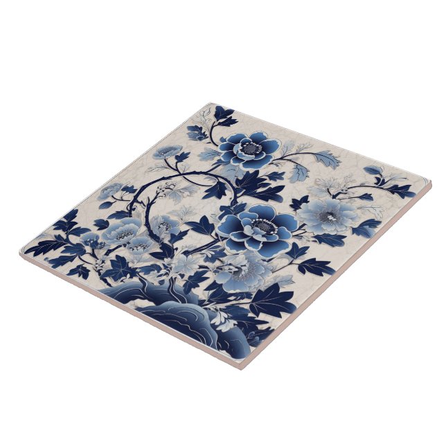 Carreau Fleur d'encre bleue chinoise traditionnelle Art 5 (Côté)