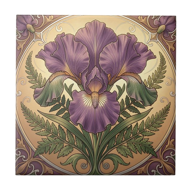 Carreau Fleur d'iris pourpre Art Nouveau Cadre Orné (Devant)