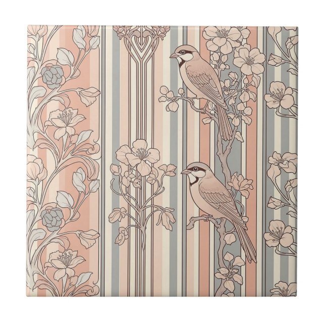 Carreau Fleur d'oiseau élégant à rayures de pêche (3) (Devant)