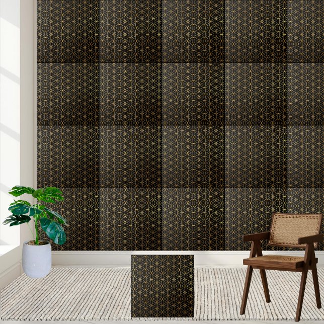 Carreau Fleur d'or noir profond et chatoyante de la tuile  (Deep Black and Shimmering Gold Flower of Life Tile)