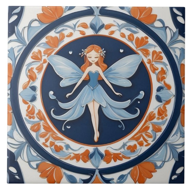 Carreau Fleur Élégante Bleu et Orange (Devant)