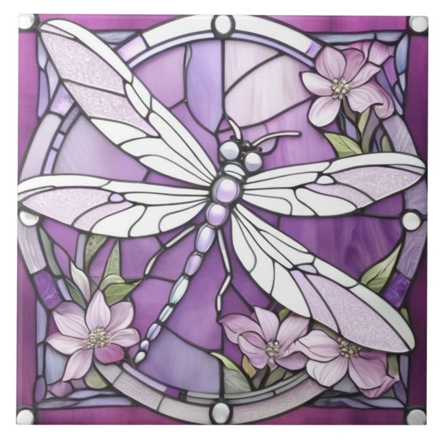 Carreau Fleur en verre tendu de libellule violette (Devant)
