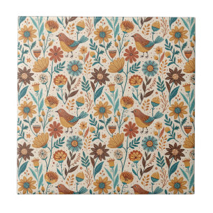 Carreau Fleur et oiseau d'art populaire scandinave, motif