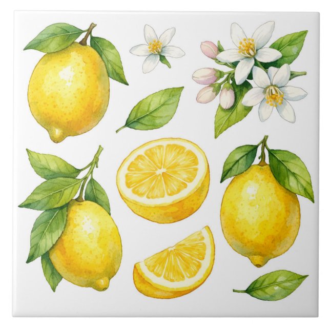 Carreau Fleur, feuilles et fruit de citron à l'aquarelle (Devant)
