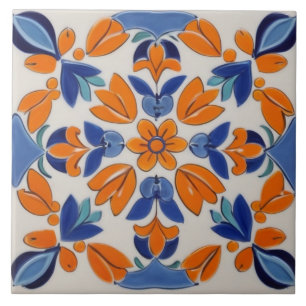 Carreau Fleur Florale Géométrique Bleu Orange Méditerranée