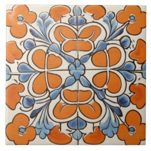 Carreau Fleur Florale Géométrique Bleu Orange Méditerranée