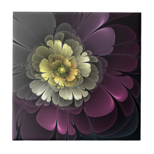 Carreau Fleur fractale grise et pourpre moderne abstraite