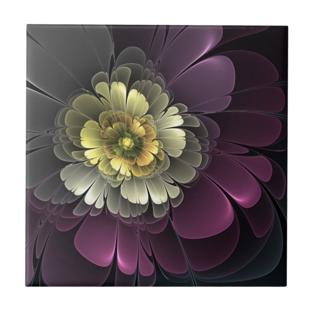 Carreau Fleur fractale grise et pourpre moderne abstraite (Devant)