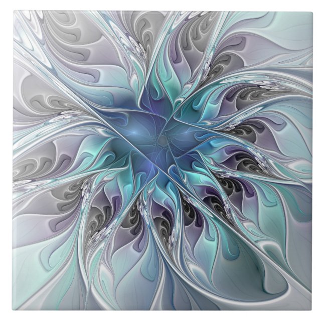 Carreau Fleur fractale moderne abstraite avec du bleu (Devant)
