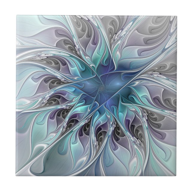 Carreau Fleur fractale moderne abstraite avec du bleu (Devant)