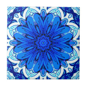 Carreau Fleur géométrique Motif en Bleu Cobalt et Marine