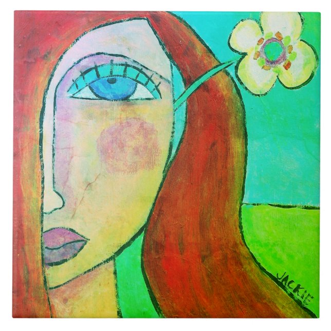 Carreau Fleur Jaune dans ses cheveux Portrait Abstrait (Devant)