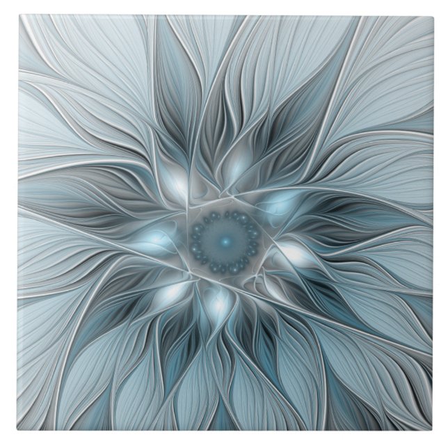 Carreau Fleur Joyeuse Abstrait gris bleu floral Fractal (Devant)