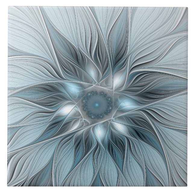 Carreau Fleur joyeuse abstraite florale fractale bleue gri (Devant)