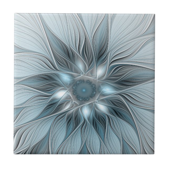 Carreau Fleur joyeuse abstraite florale fractale bleue gri (Devant)
