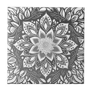 Carreau Fleur Mandala en noir et blanc