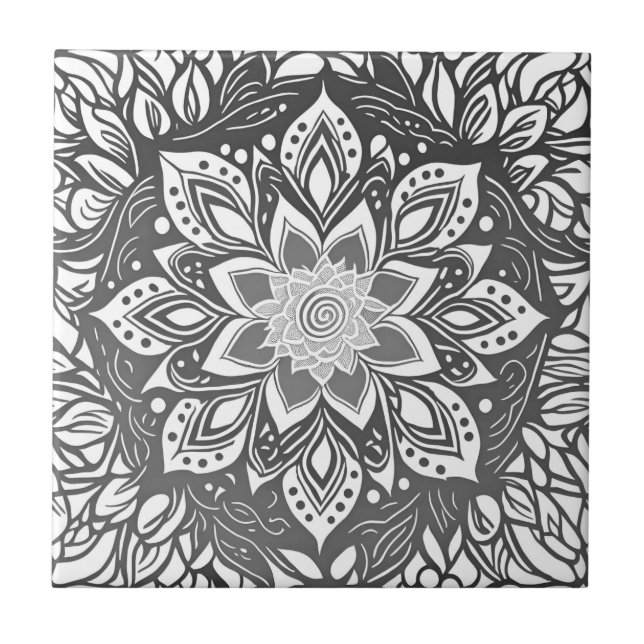 Carreau Fleur Mandala en noir et blanc (Devant)