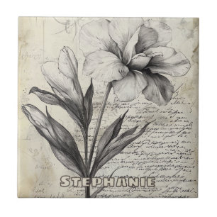 Carreau Fleur Marron Nostalgique Esquisse Papier Antique