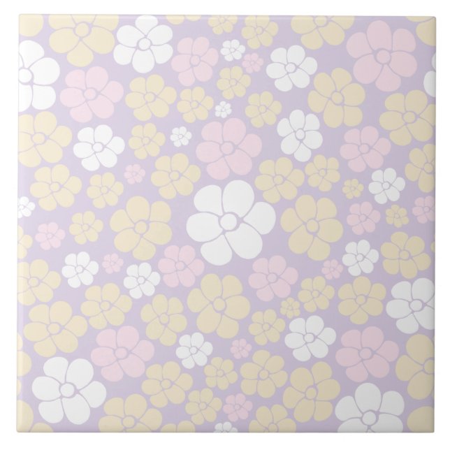 Carreau Fleur Motif - Pastel rose, jaune et violet (Devant)
