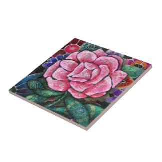 Carreau Fleur rose botanique Art nouveau fantaisiste