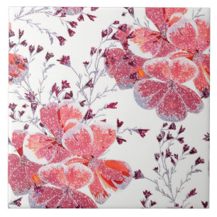 Carreau Fleur rouge rose sur blanc.
