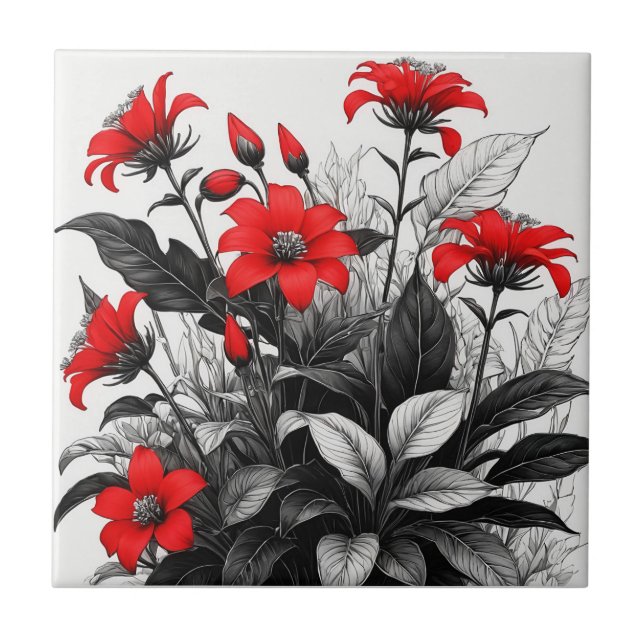 Carreau Fleur rouge sur Plante noir blanc (Devant)