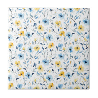 Carreau Fleur sauvage aquarelle bleu jaune