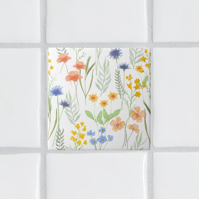 Carreau Fleur sauvage aquarelle jaune orange bleu (Créateur téléchargé)