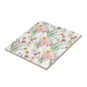 Carreau Fleur sauvage aquarelle verte rose