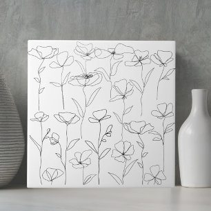 Carreau Fleur sauvage de pavot noir et blanc minimal flora