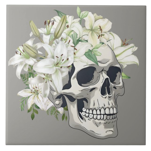 Carreau Fleur silencieuse : Crâne et Lys blancs (Devant)