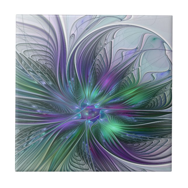 Carreau Fleur vert violet Art Abstrait moderne Fractal (Devant)