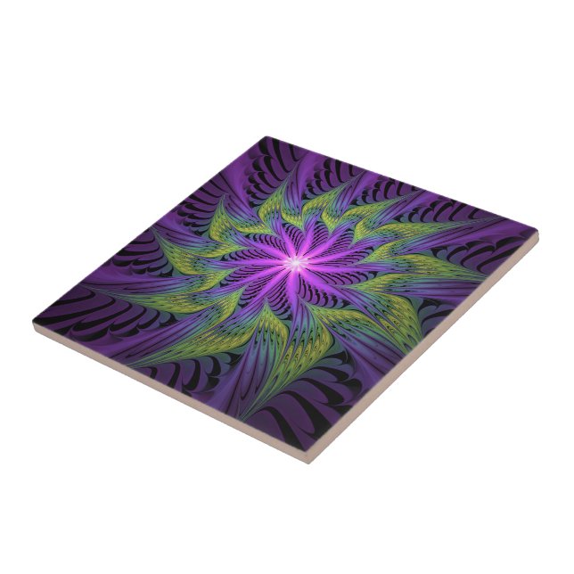 Carreau Fleur verte violette Art abstrait fractal moderne (Côté)