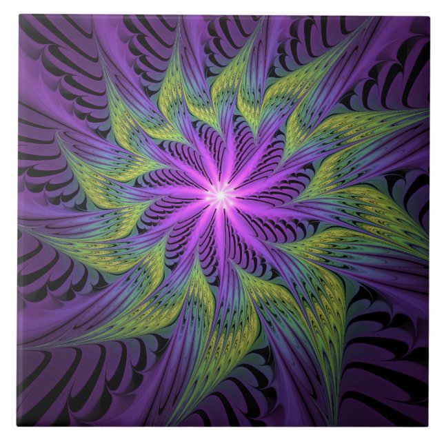 Carreau Fleur verte violette Art fractal abstrait moderne (Devant)