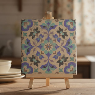 Carreau Fleur Vintage en Brown Beige Sarcelle Violet