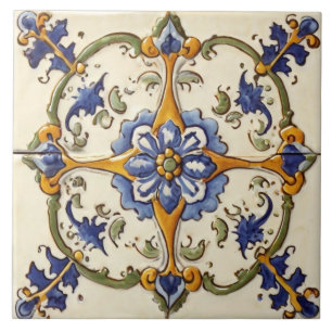 Carreau Fleur vintage Florale Bleue sur Blanc Vert & Jaune