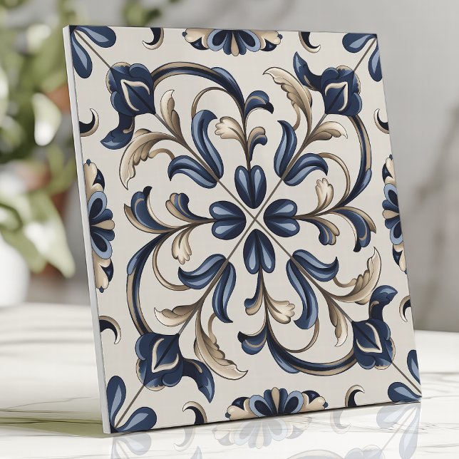 Carreau Fleuron de défilement vintage bleu et beige (Créateur téléchargé)