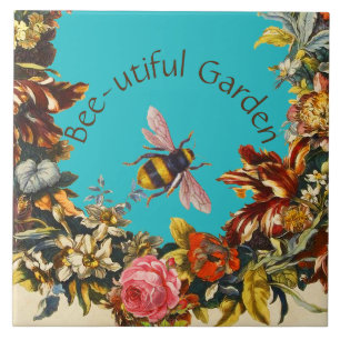CARREAU FLEURS , ABEILLE À MIEL DANS UN CIEL BLEU FLORAL A